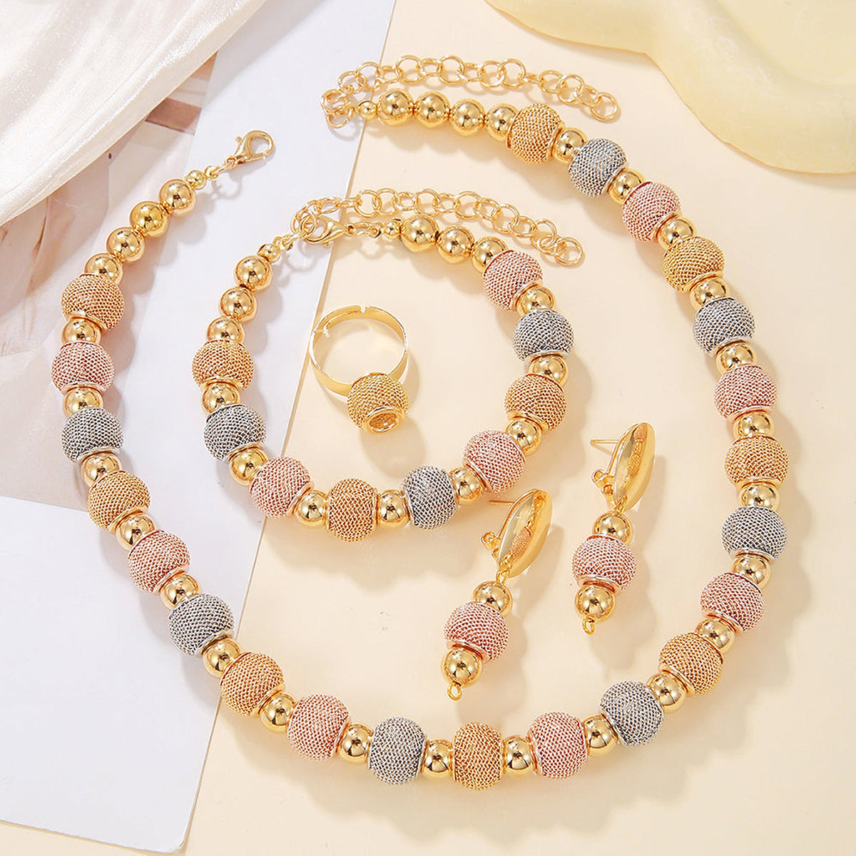5-Piece Gold-Tone Beaded Jewelry Set – Necklace, Bracelet, Ring & Earrings