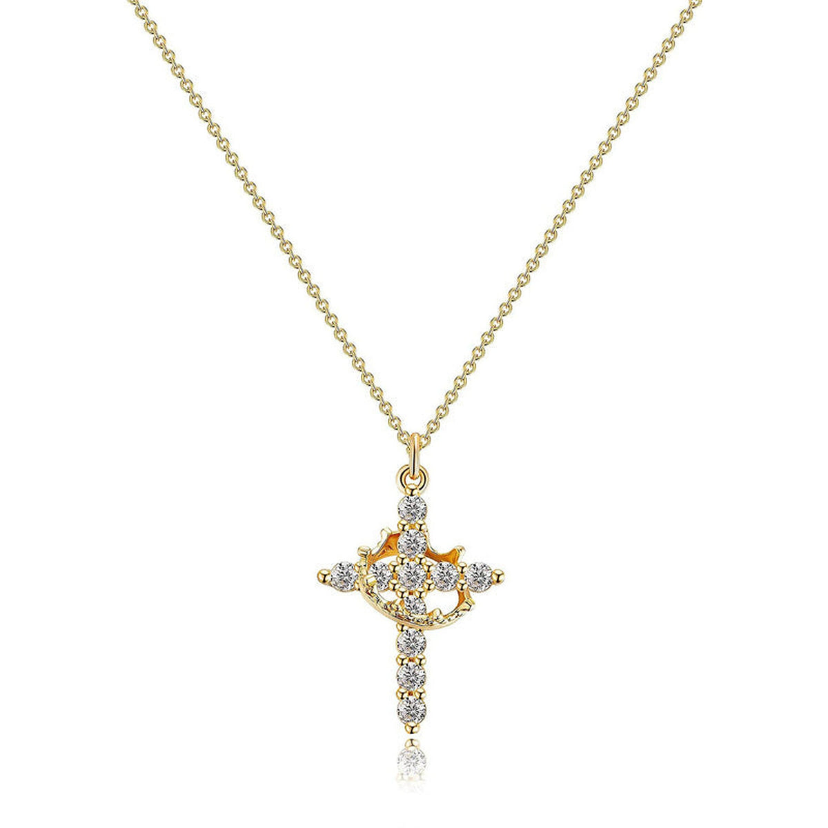 Gold-Tone Cross Crown Necklace for Women – CZ Pendant, Adjustable