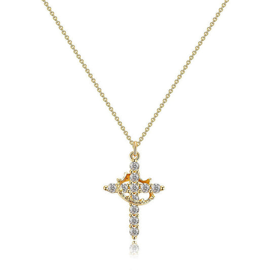 Gold-Tone Cross Crown Necklace for Women – CZ Pendant, Adjustable
