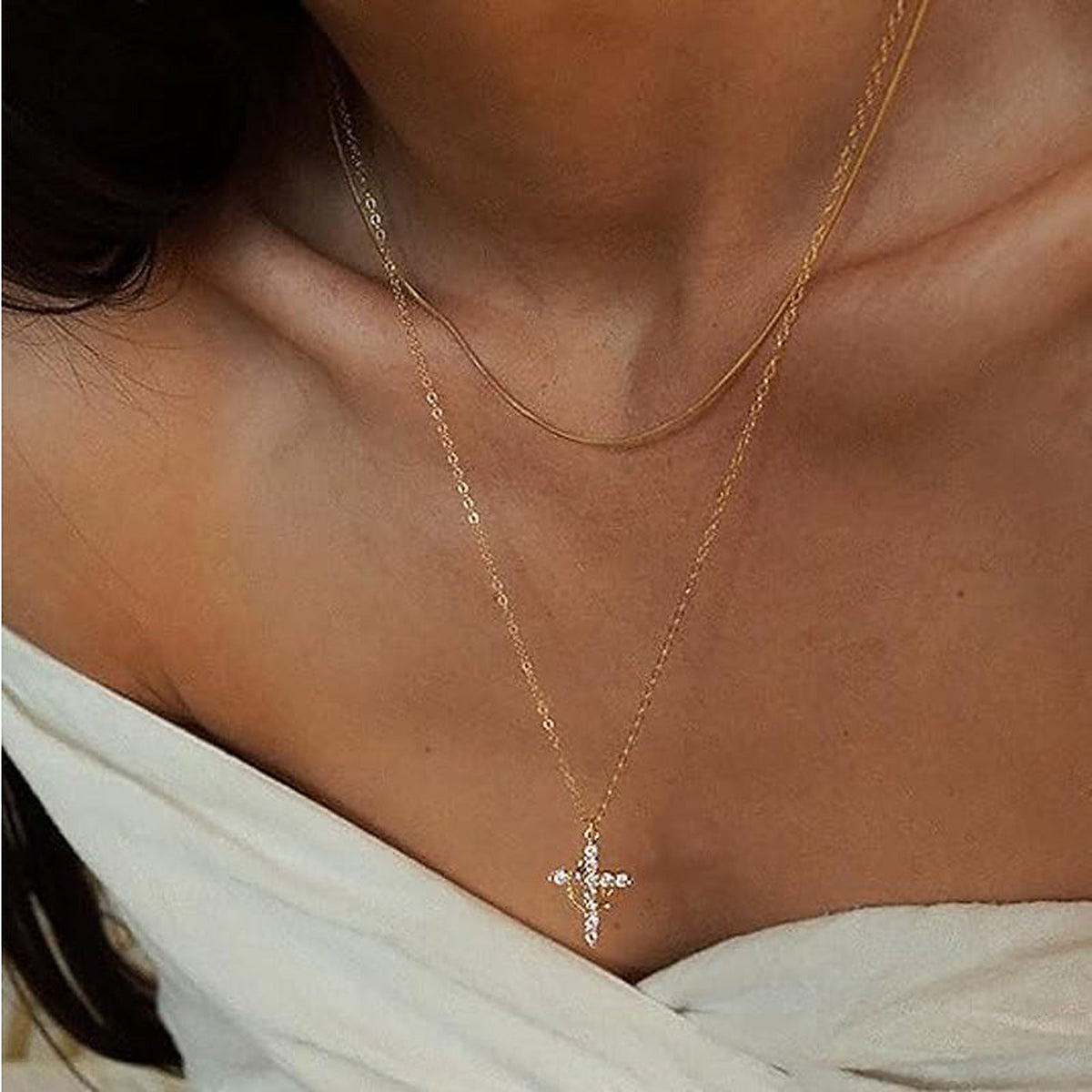 Gold-Tone Cross Crown Necklace for Women – CZ Pendant, Adjustable