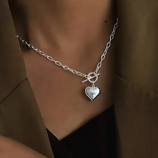 Silver-Tone Puffed Heart Toggle Necklace