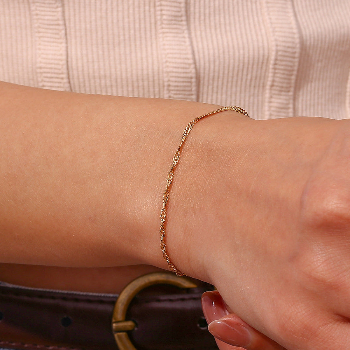 Gold-Tone Water Wave Chain Bracelet – 2mm Dainty