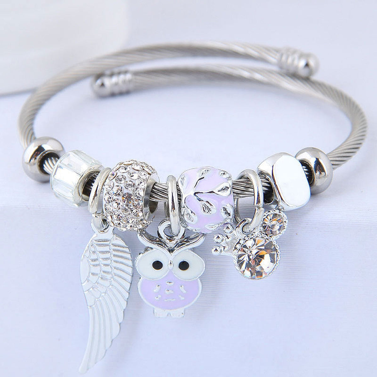 Owl & Angel Wings Beaded Charm Bracelet for Women