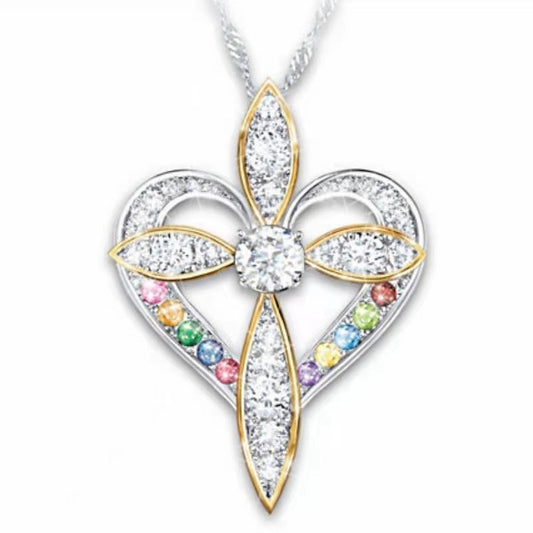 Two-Tone Heart Cross Pendant Necklace – Simulated Stones