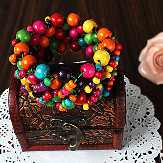 Colourful Wooden Bead Stretch Bracelet – Boho for Women & Girls