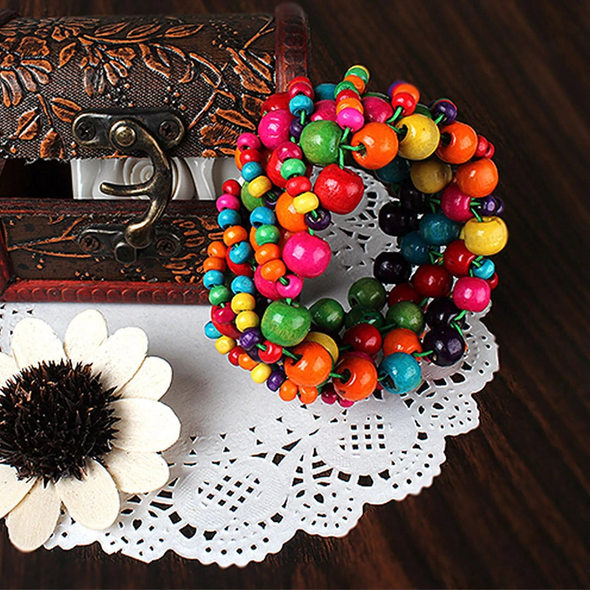 Colourful Wooden Bead Stretch Bracelet – Boho for Women & Girls