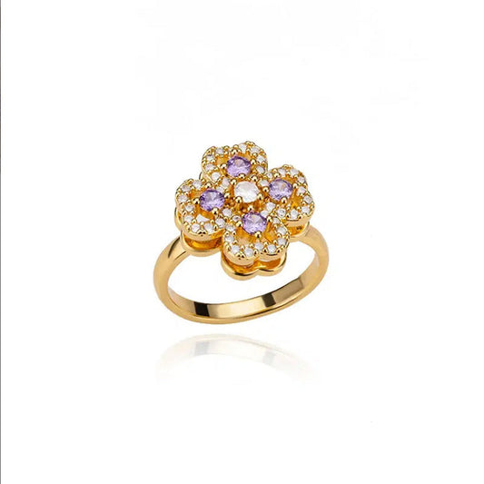 Gold-Tone Rotating Clover Ring with CZ – Open Adjustable Band