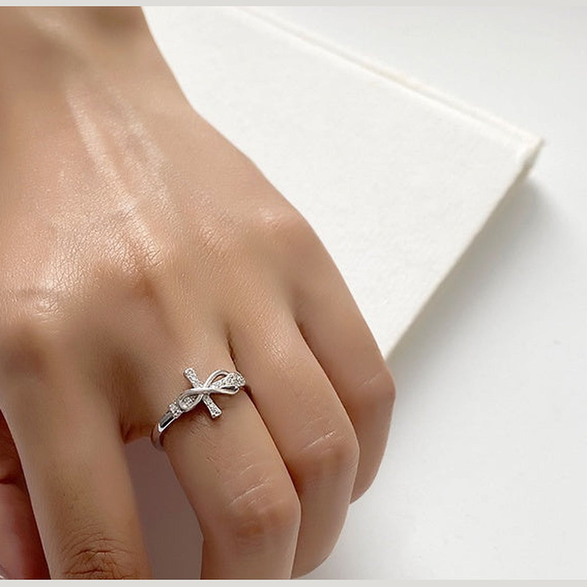 Silver-Tone CZ Cross Infinity Ring – Adjustable