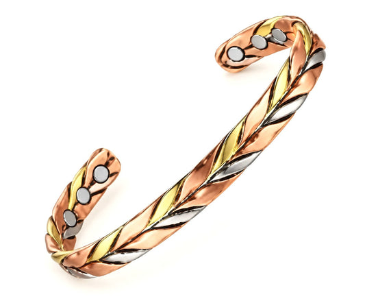 Mixed-Metal Leaf Braid Cuff - Copper, Gold & Silver Tones