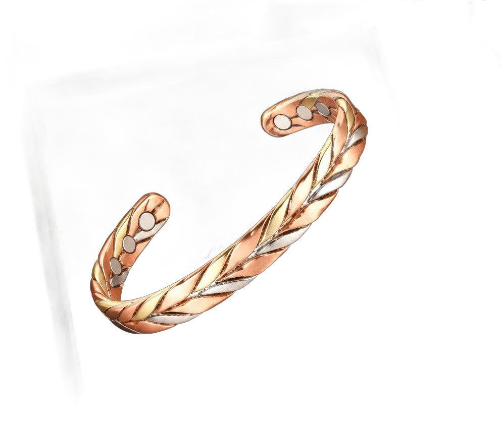 Mixed-Metal Leaf Braid Cuff - Copper, Gold & Silver Tones