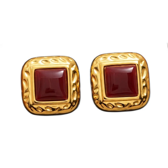 Square Halo Stud Earrings - White or Wine Zircon, Gold-Tone