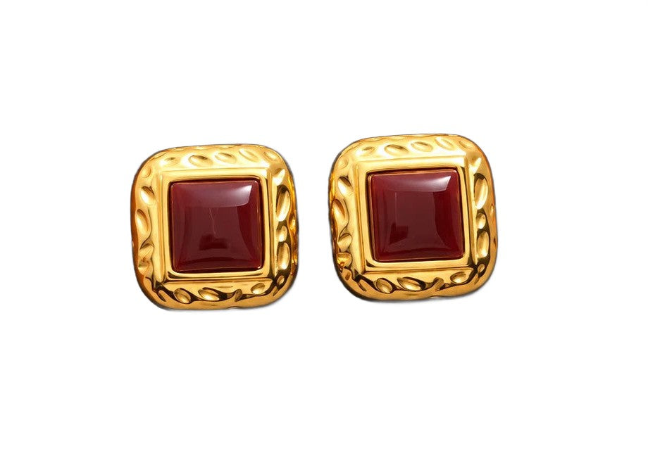 Square Halo Stud Earrings - White or Wine Zircon, Gold-Tone