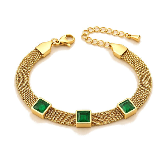 Gold-Tone Mesh Bracelet with Green Stones - Adjustable