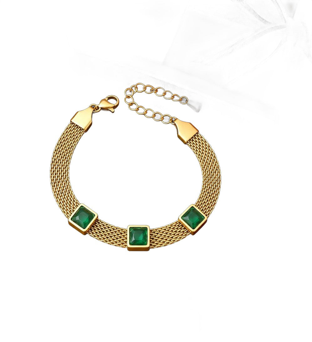 Gold-Tone Mesh Bracelet with Green Stones - Adjustable