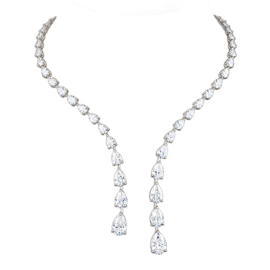 Silver Teardrop Crystal Necklace - Bridal & Evening