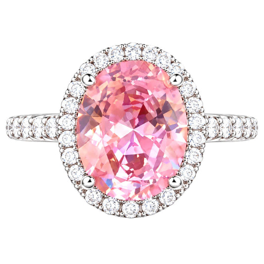 Pink Oval Halo Ring - Adjustable Silver-Tone Statement Ring