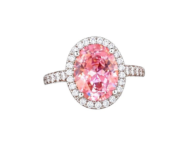 Pink Oval Halo Ring - Adjustable Silver-Tone Statement Ring