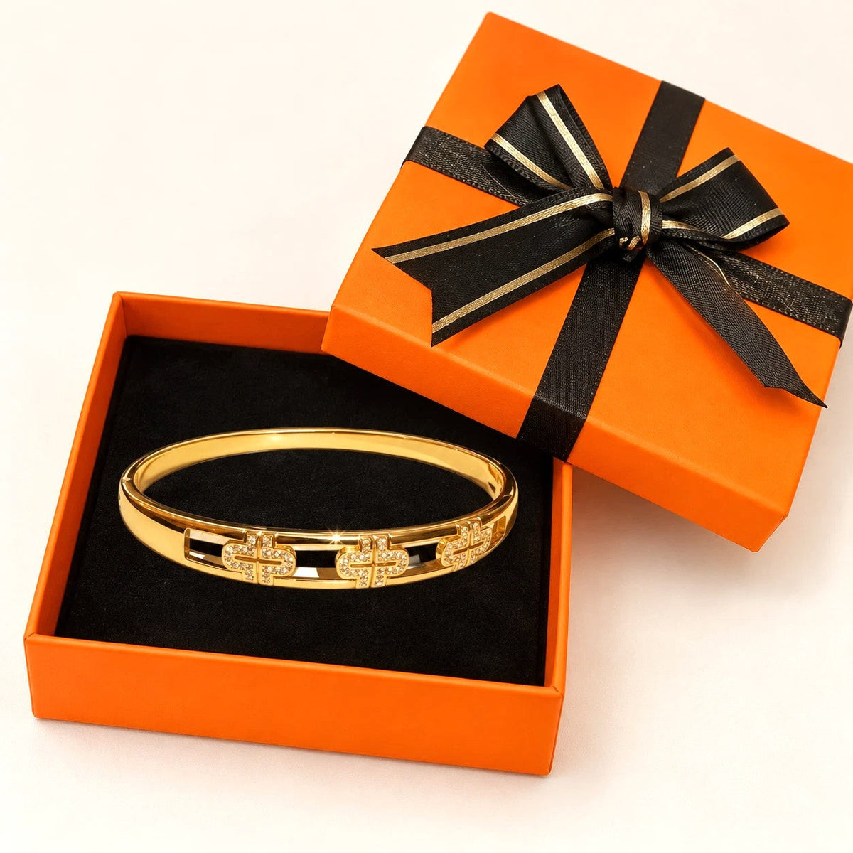 Geometric Openwork Crystal Bangle - Gold-Tone Statement