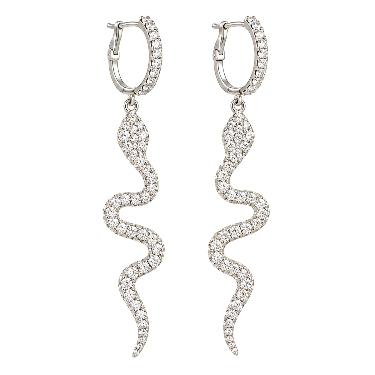 Silver Snake Drop Earrings - Crystal Hoop Dangles