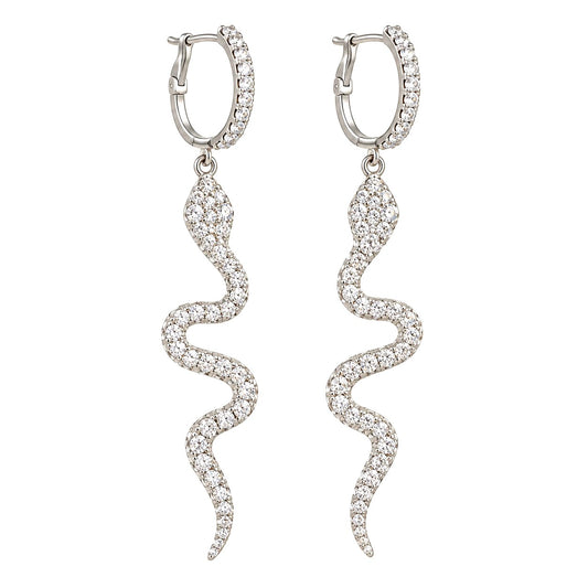 Silver Snake Drop Earrings - Crystal Hoop Dangles