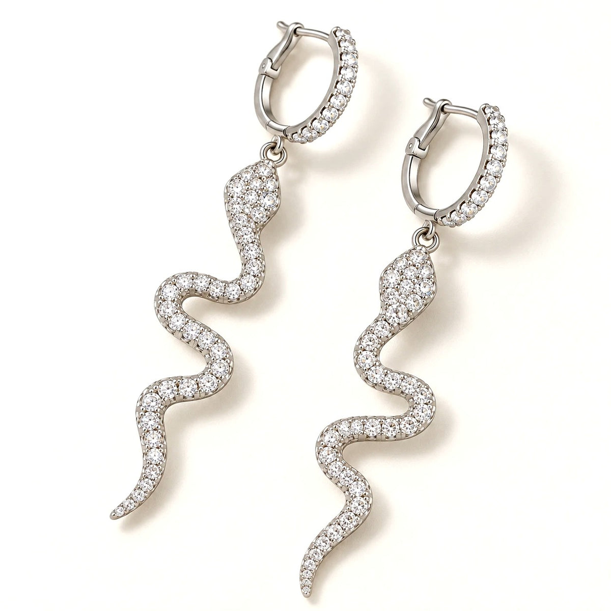 Silver Snake Drop Earrings - Crystal Hoop Dangles
