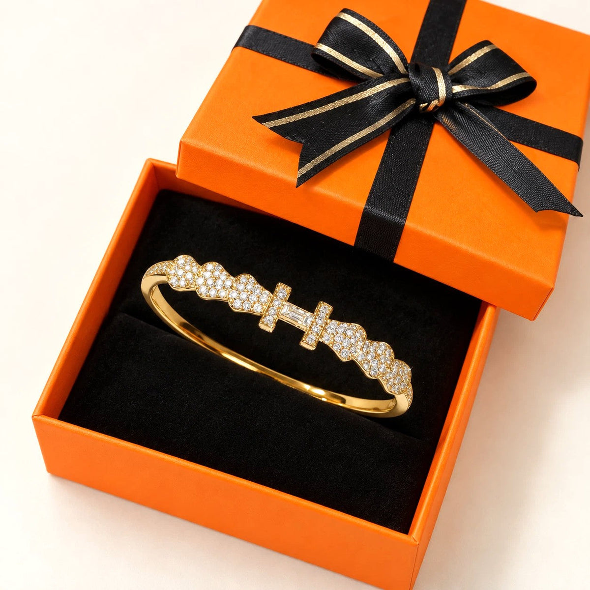 Gold-Tone Bangle with Crystal Centre Stone - Textured Finish