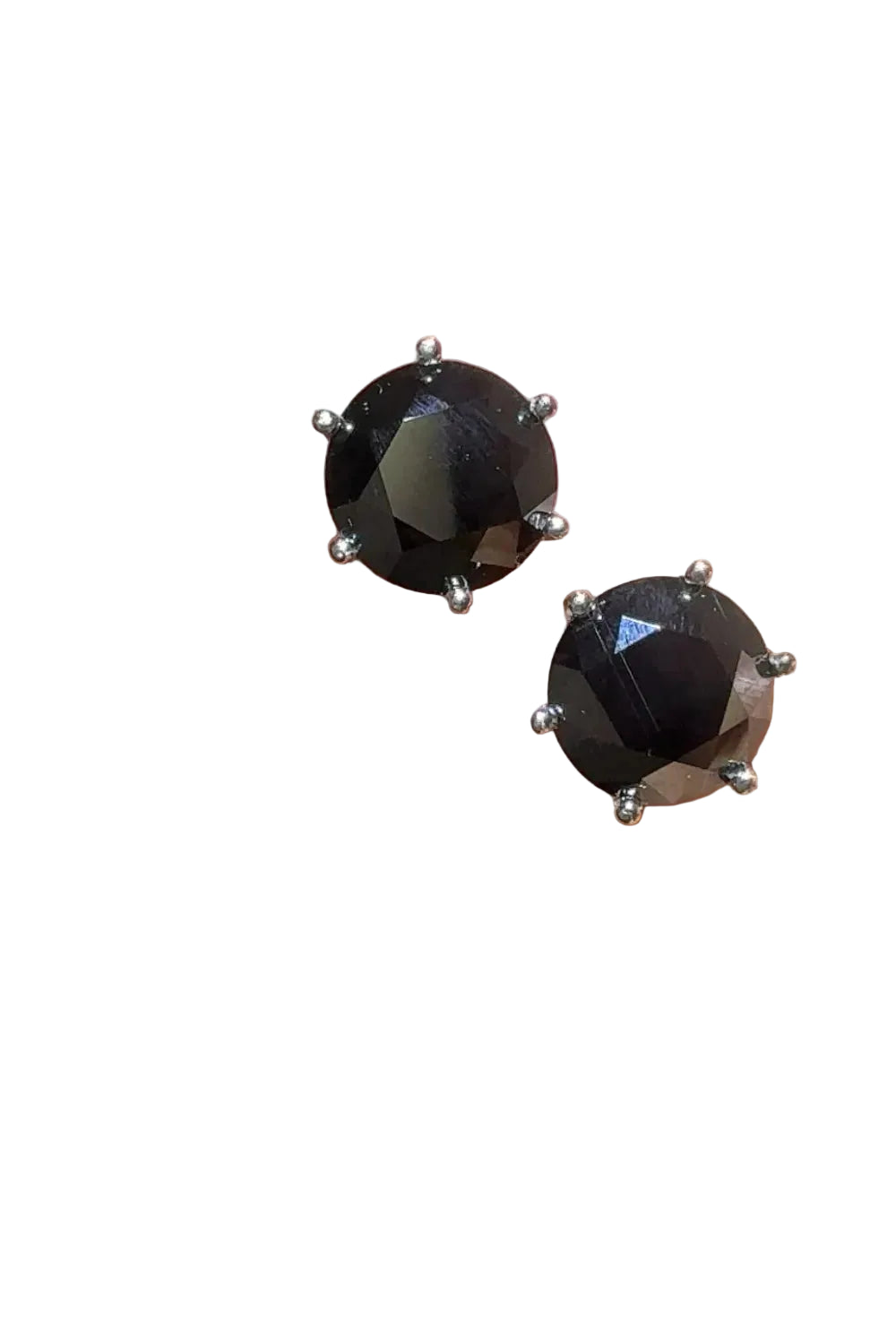 4 carat black moissanite stud earrings in sterling silver, front stone pair detail on pure white