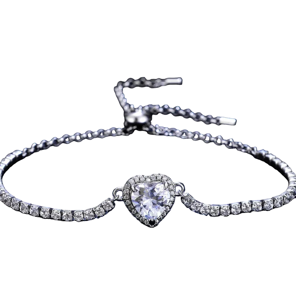 2 carat moissanite heart chain bracelet, front heart setting and adjustable clasp on pure white