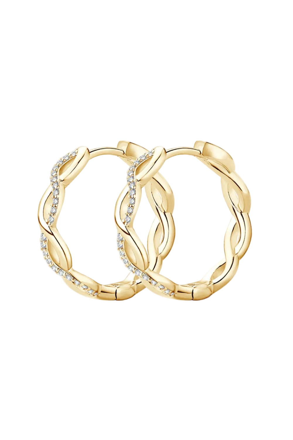 Moissanite crisscross hoop earrings in gold plating, alternate pair view on pure white
