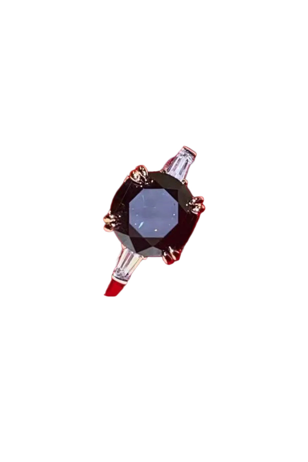 2 carat black moissanite ring, angled solitaire setting detail on pure white