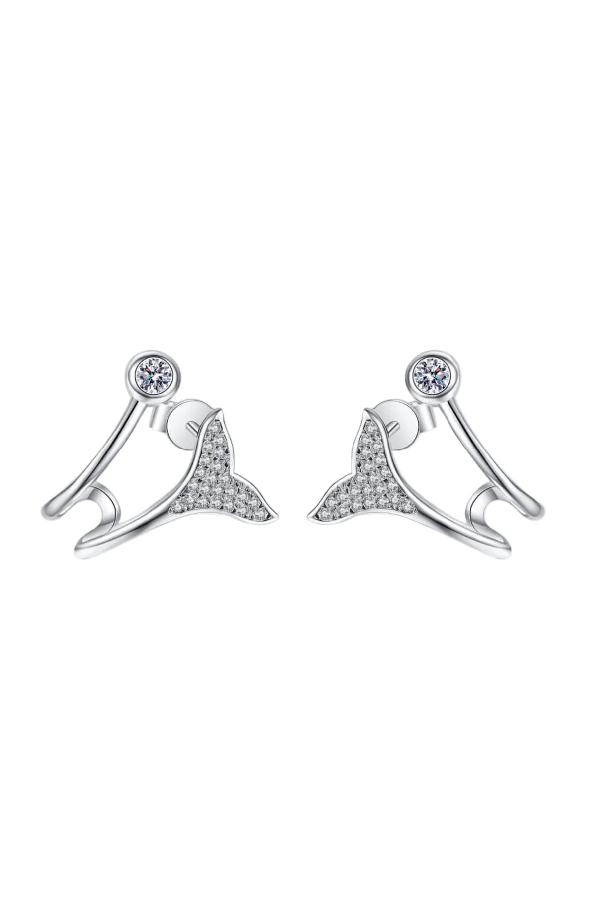 Moissanite Fishtail Earrings in Rhodium-Plated Sterling Silver on a white background