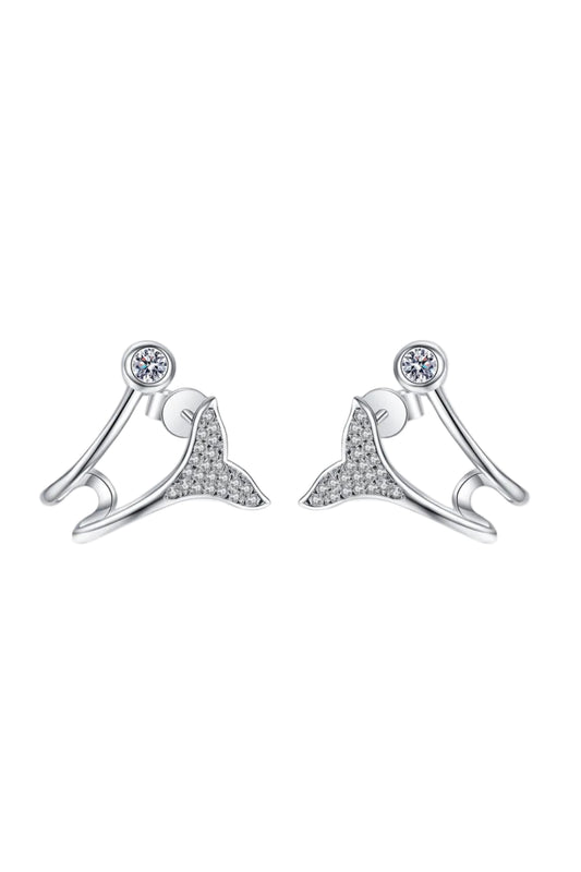 Moissanite Fishtail Earrings in Rhodium-Plated Sterling Silver on a white background