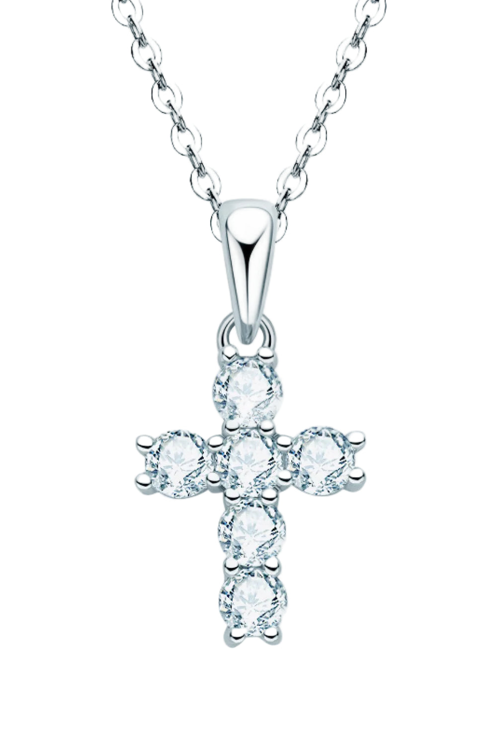 Moissanite cross pendant necklace, front chain and stone detail on pure white