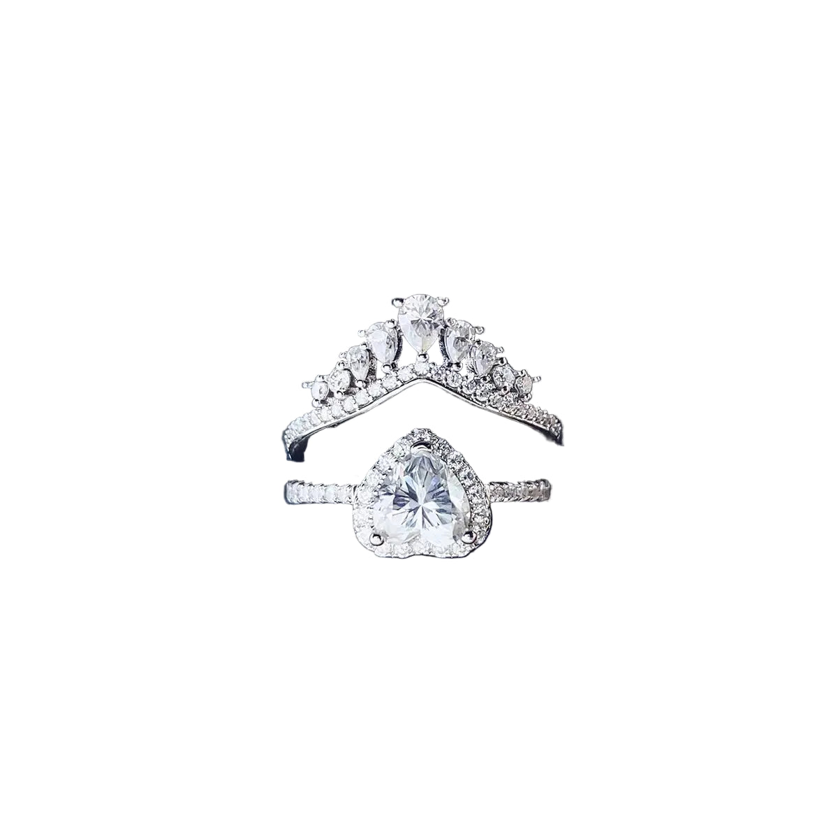2 carat moissanite two-piece ring set in sterling silver, complementary front detail photograph on pure white