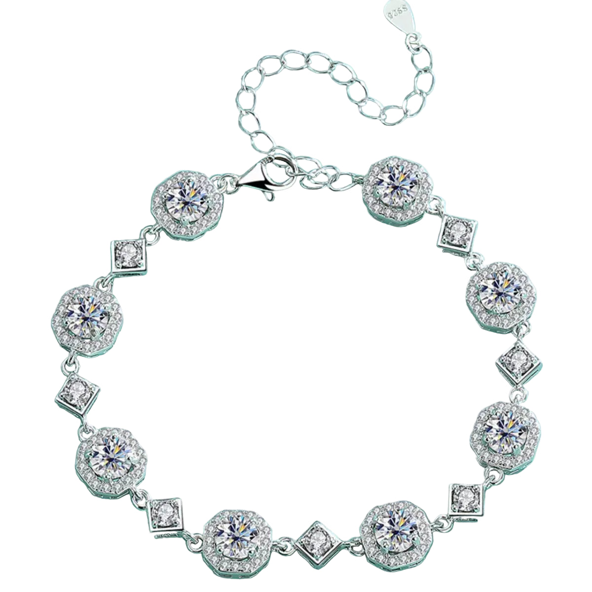 4 carat moissanite bracelet in sterling silver, clasp and linked settings on pure white