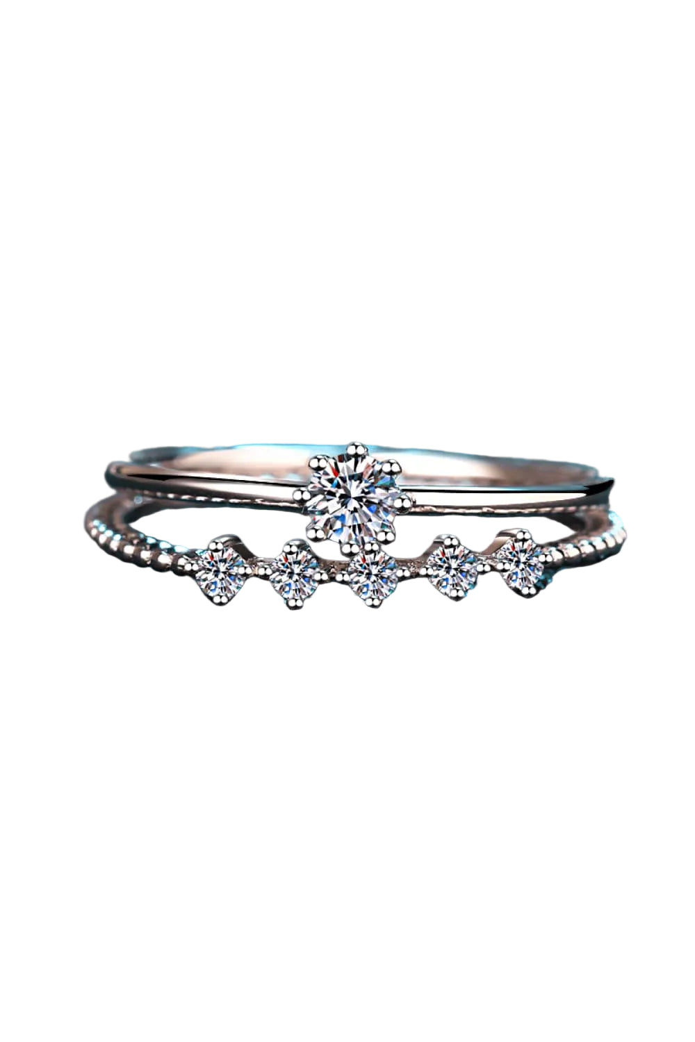 0.1 carat moissanite two-piece ring set in sterling silver, stacked front view on pure white