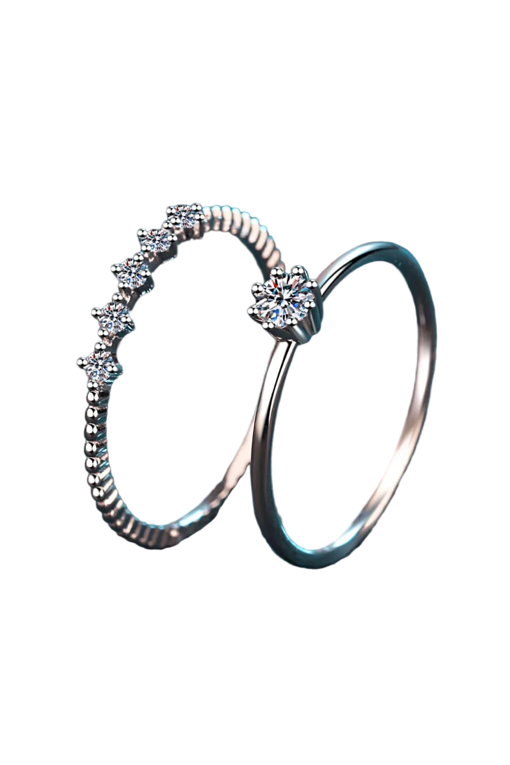 0.1 carat moissanite two-piece ring set in sterling silver, separate bands on pure white