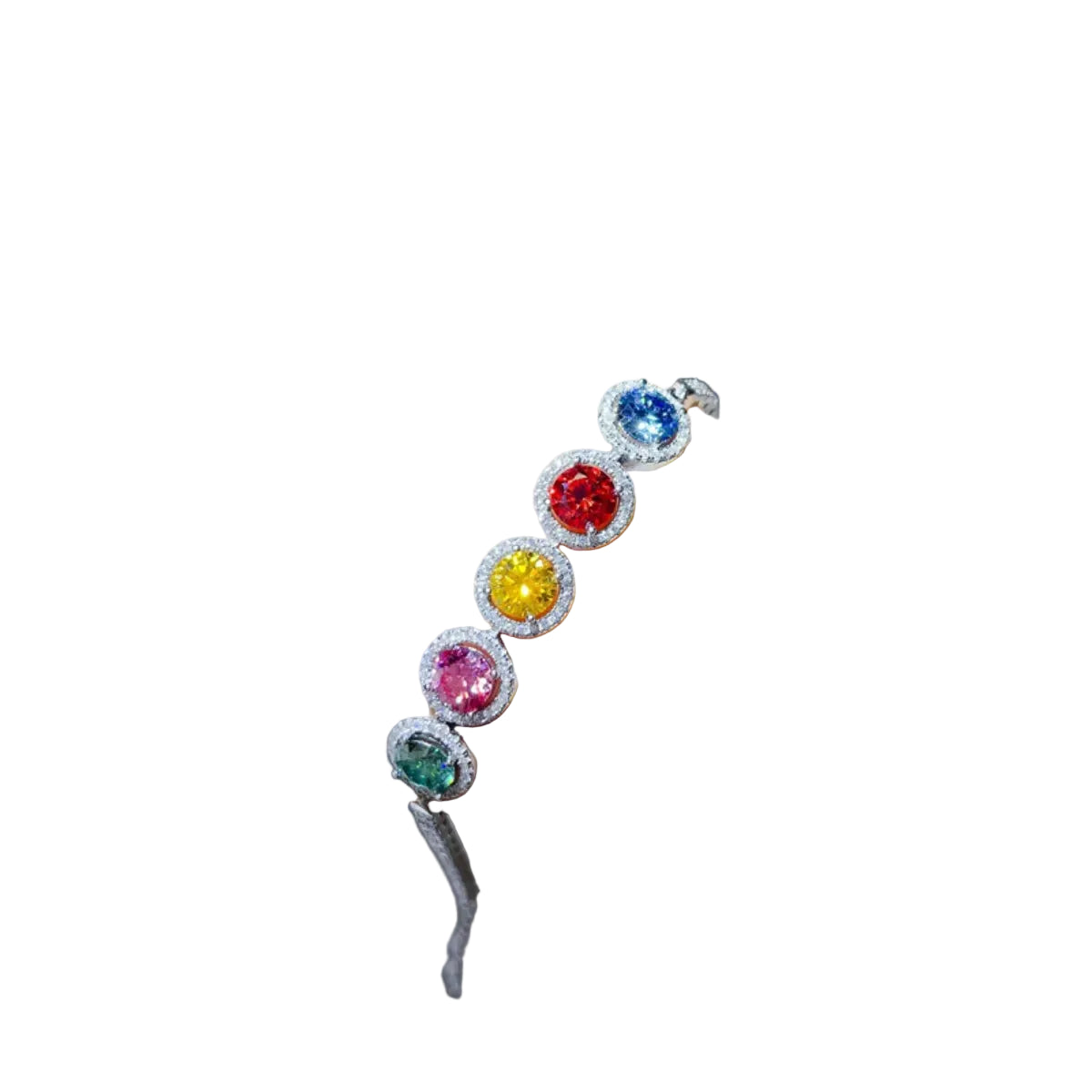 Multicolour moissanite bracelet, close-up of five coloured stone settings on pure white