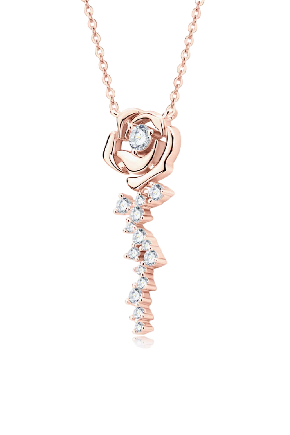 Moissanite flower pendant necklace in 18K rose gold-plated sterling silver, front detail on pure white