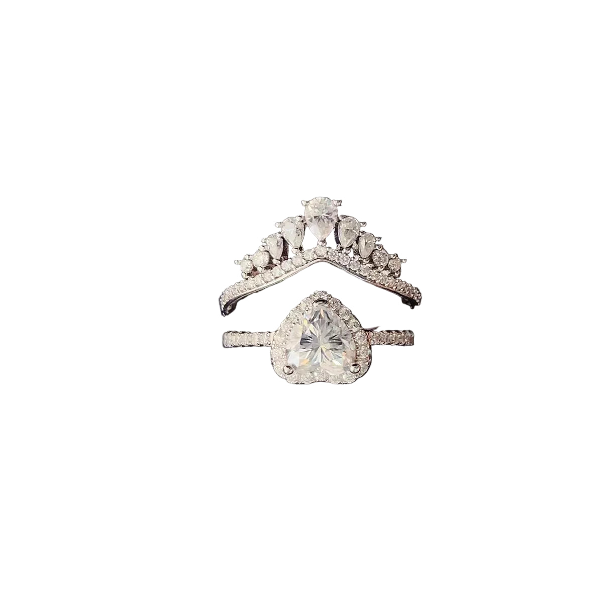 2 carat moissanite two-piece ring set in 925 sterling silver, separated crown and solitaire bands on pure white