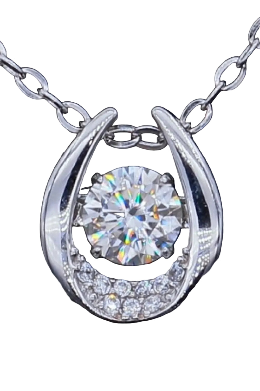 0.5 carat moissanite and zircon pendant necklace, front setting detail on pure white
