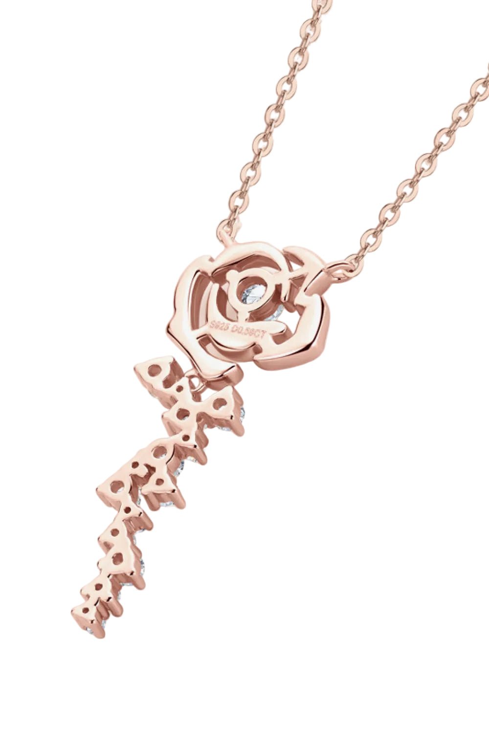 Moissanite flower pendant necklace in 18K rose gold-plated sterling silver, rear setting detail on pure white