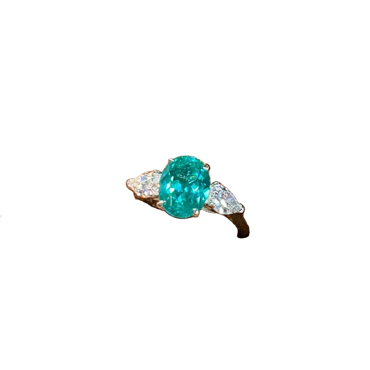Blue topaz oval ring in 925 sterling silver, angled detail view on a pure white background