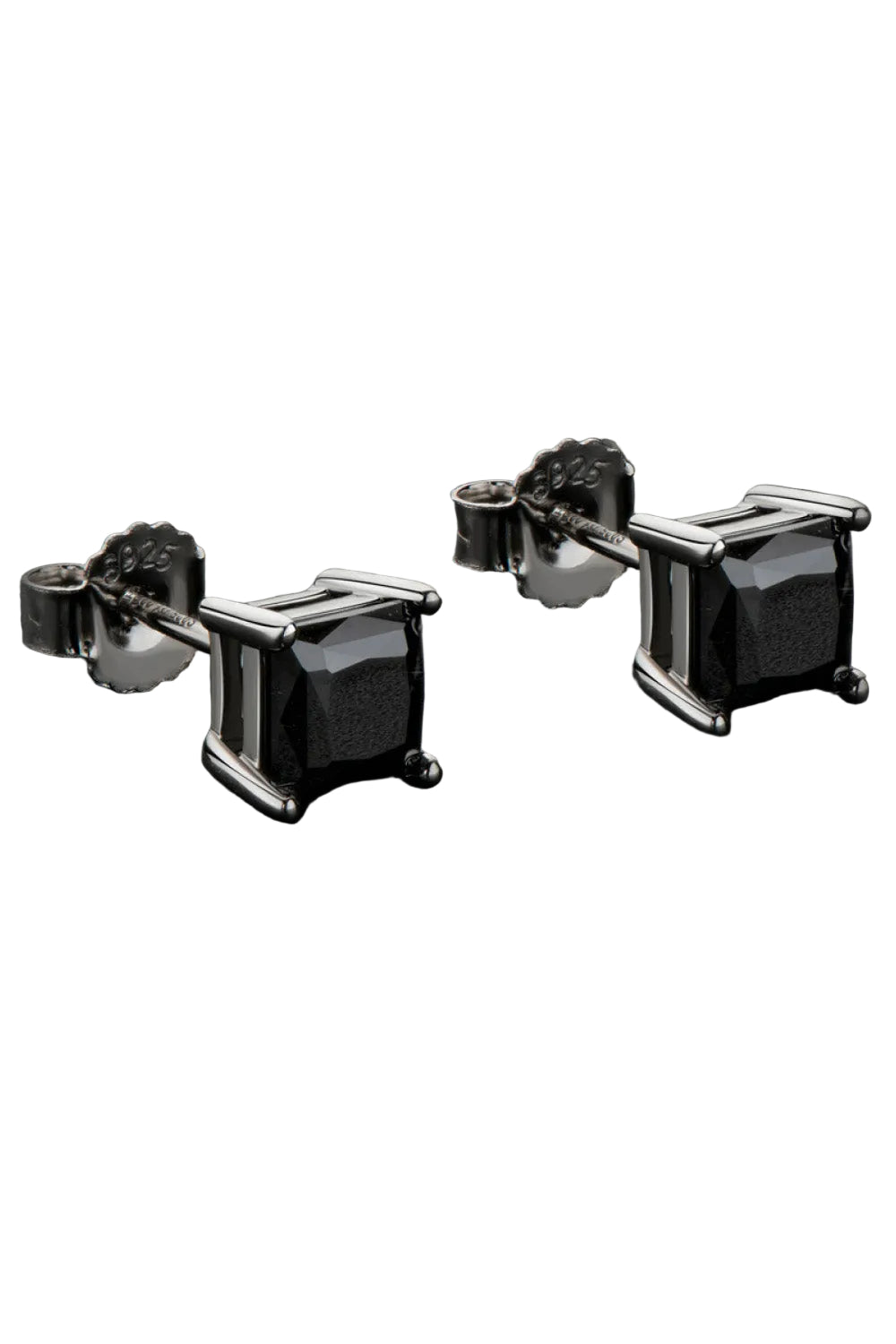 2 carat black moissanite square stud earrings, angled pair and butterfly backs on pure white