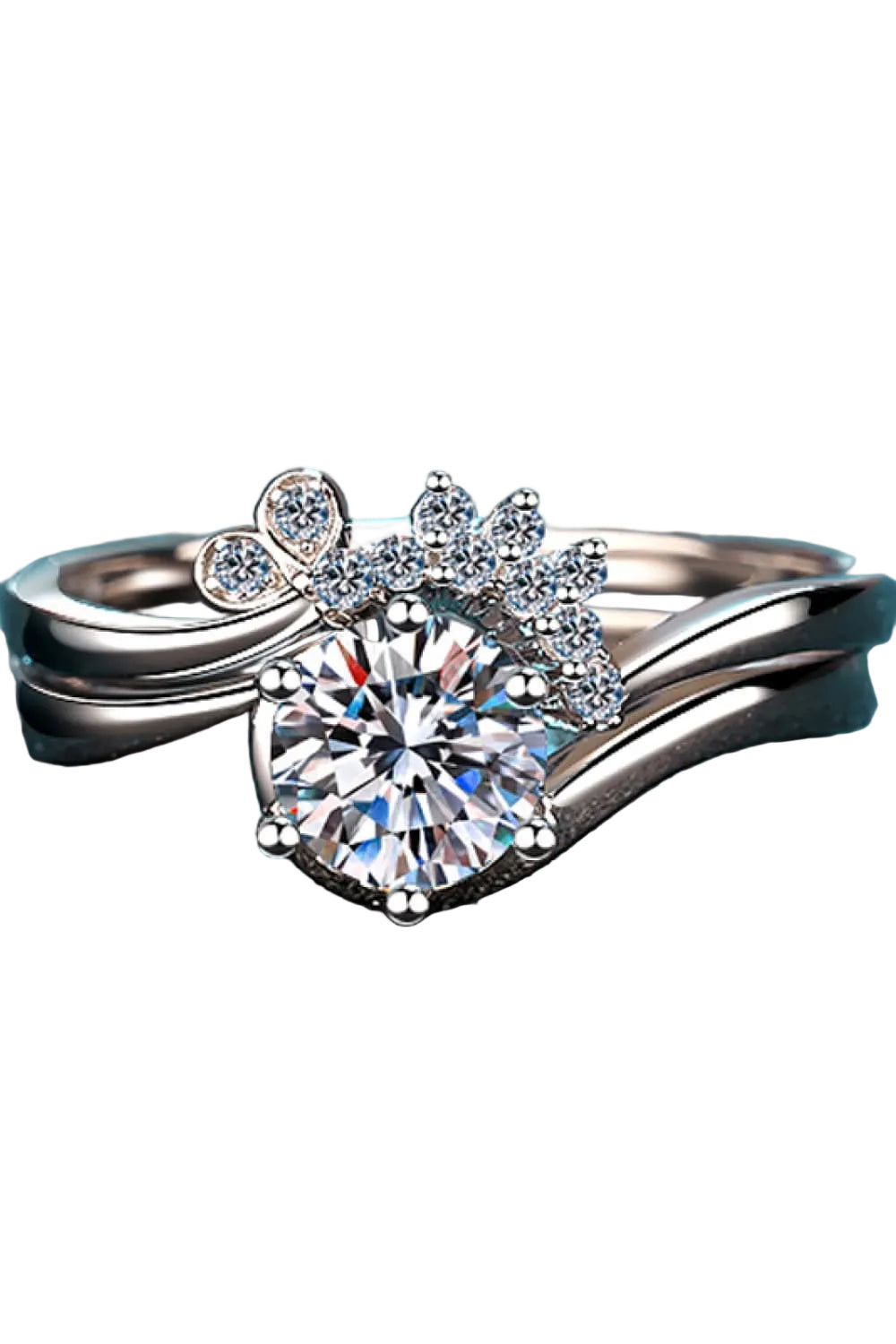 0.8 carat moissanite two-piece sterling silver ring set, front stone and band detail on pure white