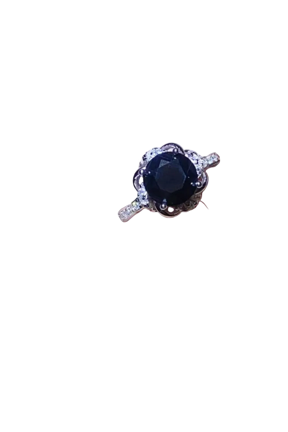 2 carat black moissanite floral ring, front stone setting detail on pure white