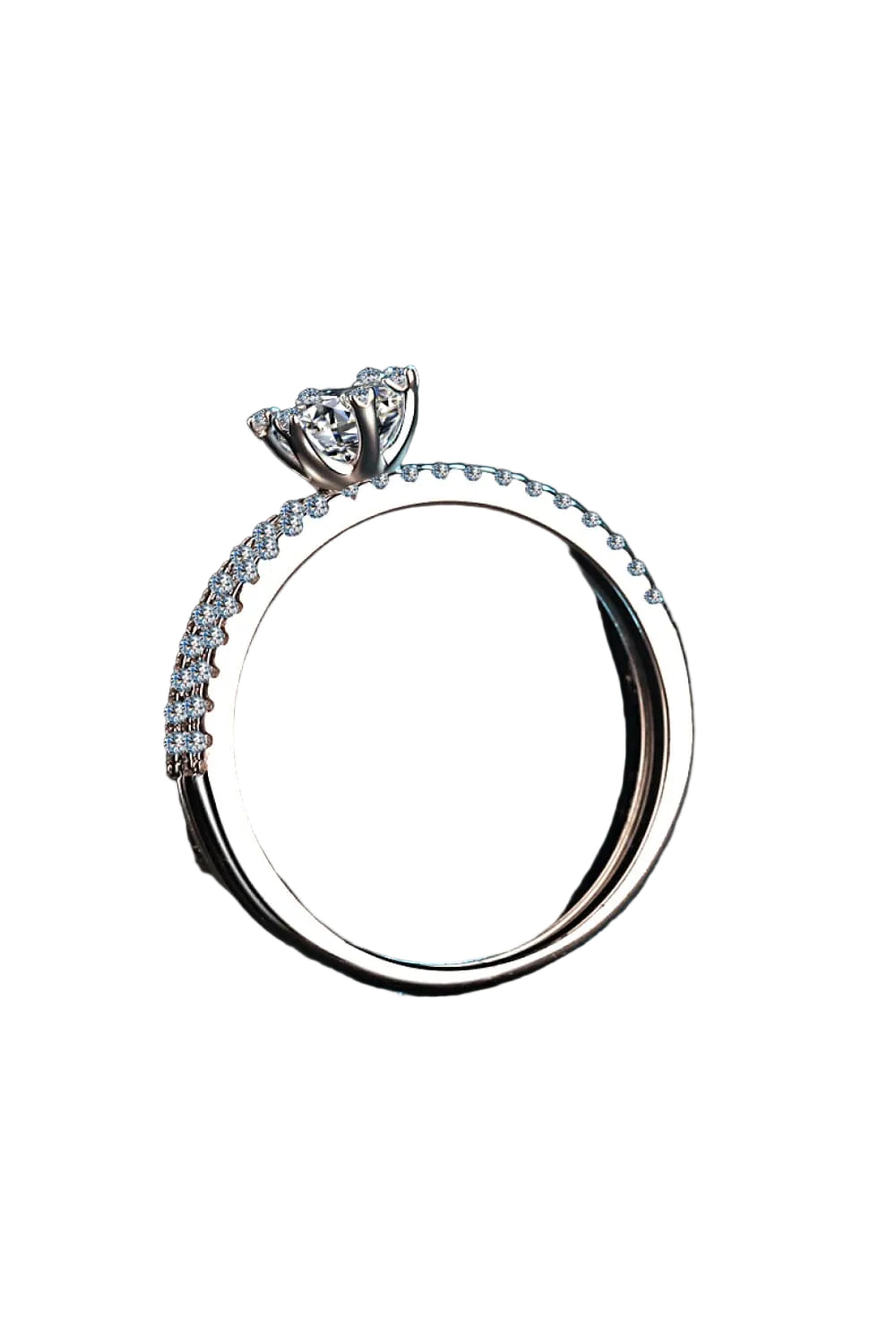 0.5 carat moissanite ring set in rhodium-plated sterling silver, band and prong setting detail on pure white