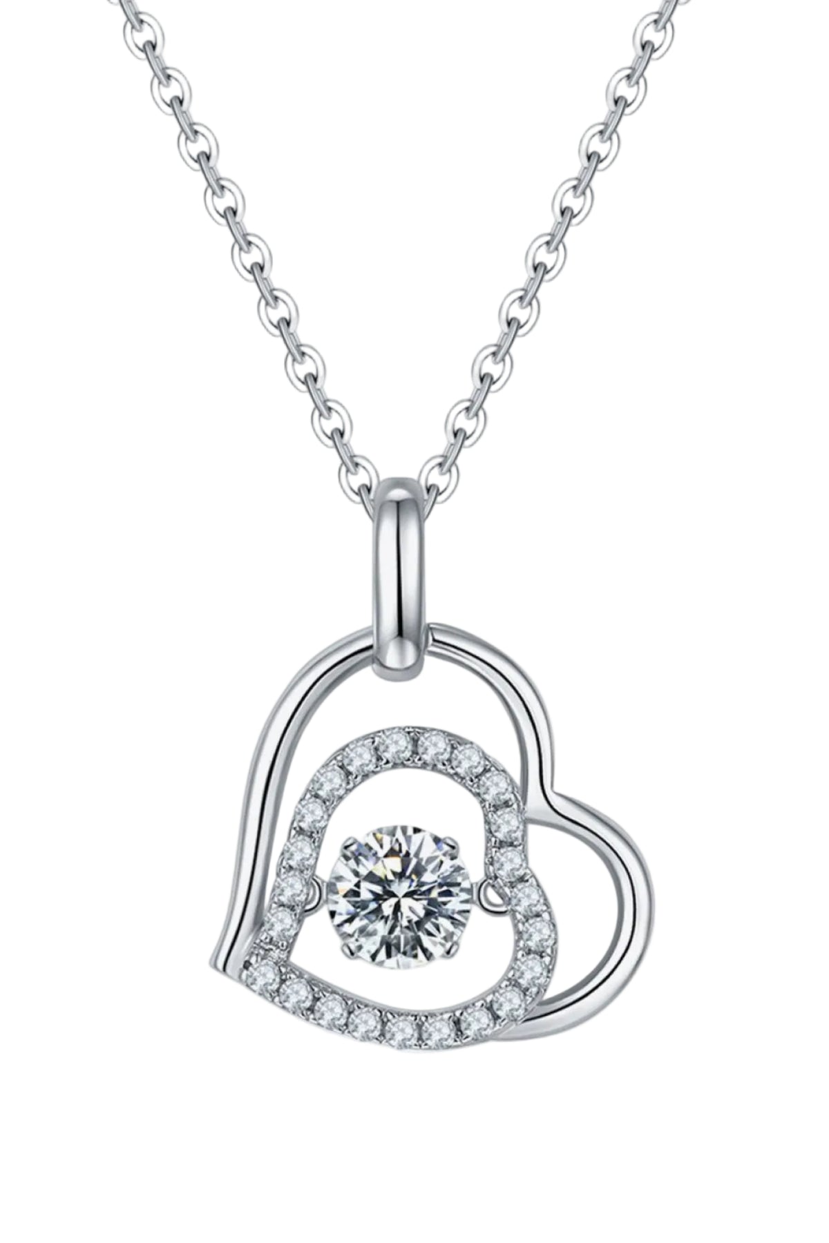 0.5 Carat Moissanite Heart Pendant Necklace in Sterling Silver on a white background
