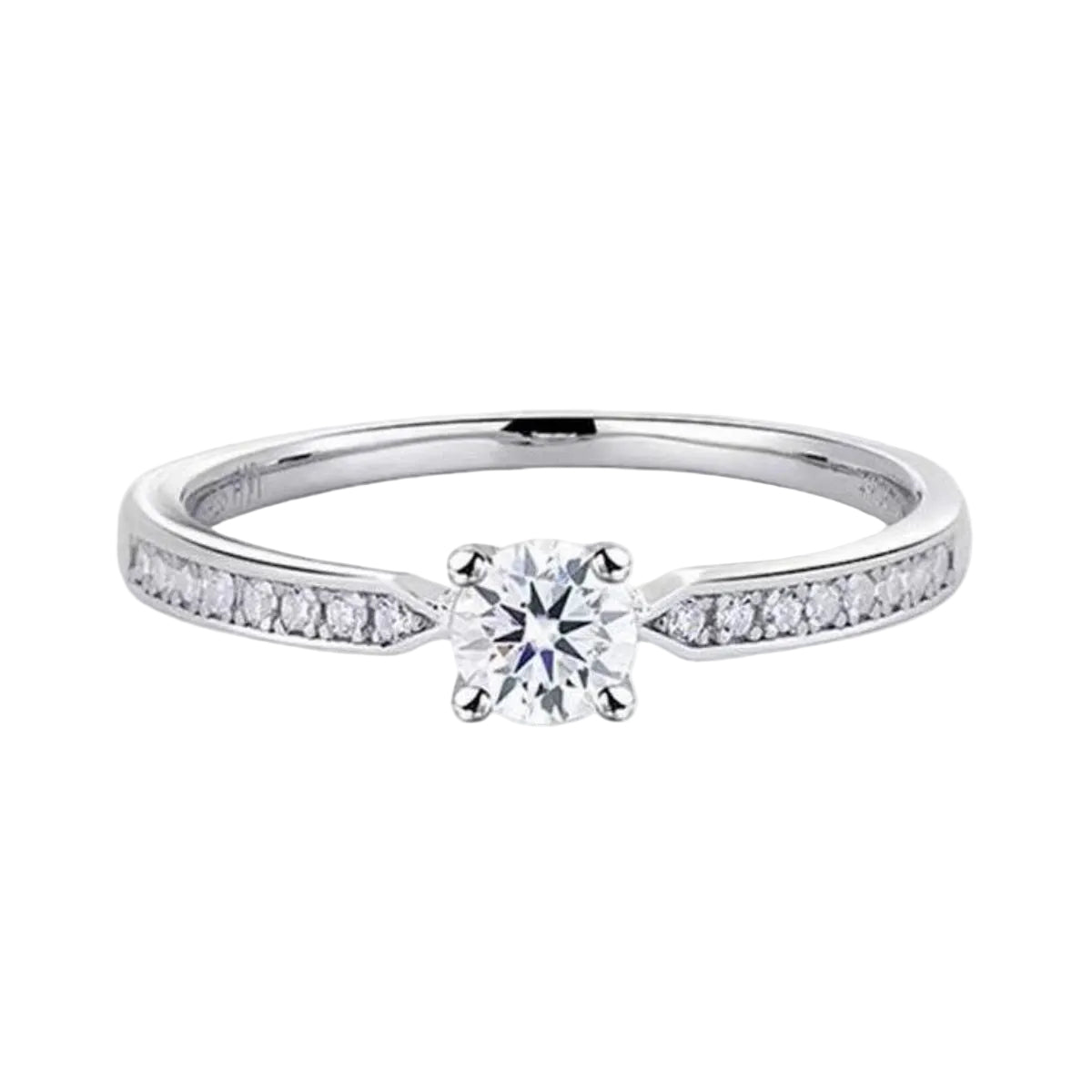 0.5 carat moissanite sterling silver ring, front band and stone detail on pure white