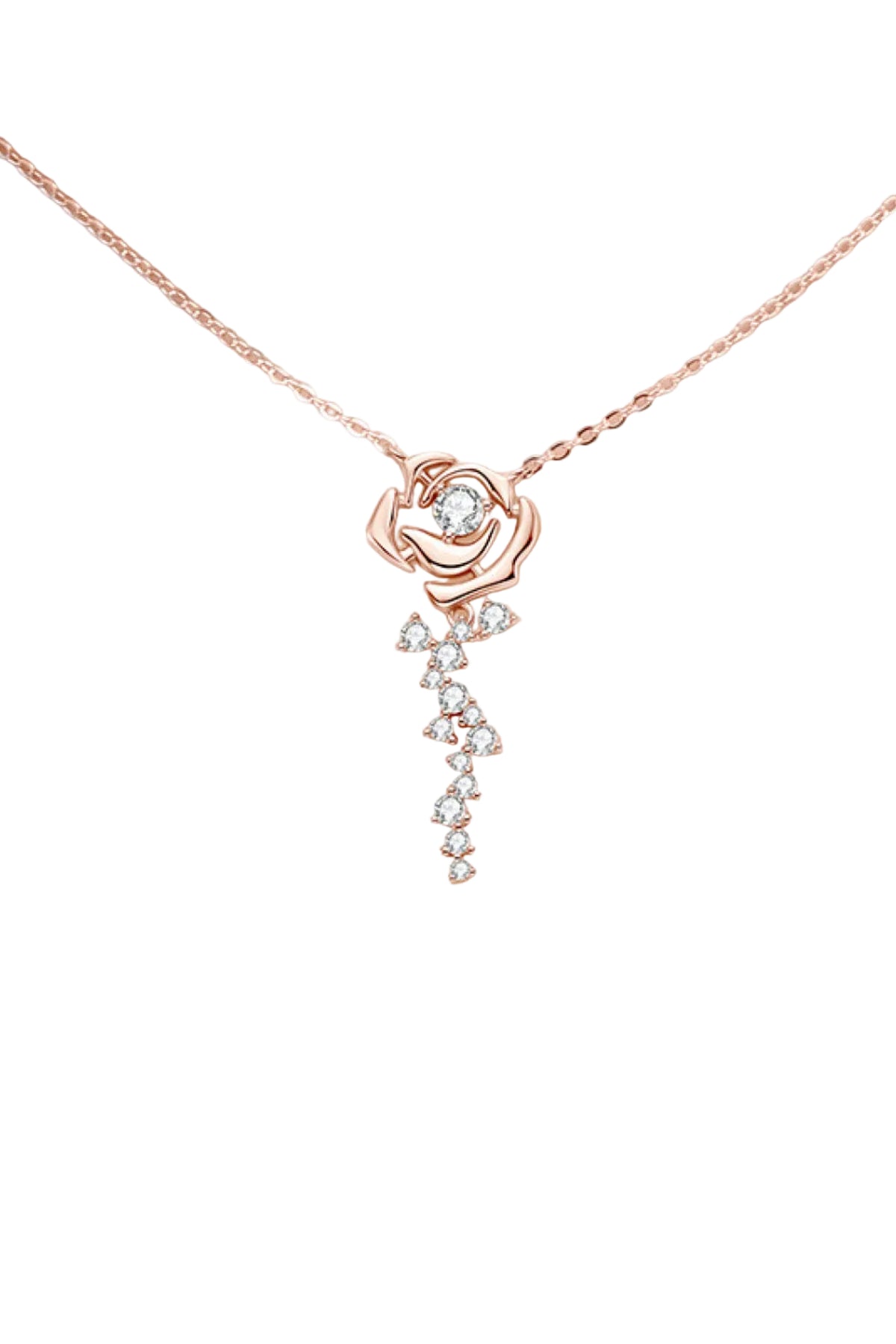 Moissanite Flower Pendant Necklace in 18K Rose Gold-Plated Silver on a white background